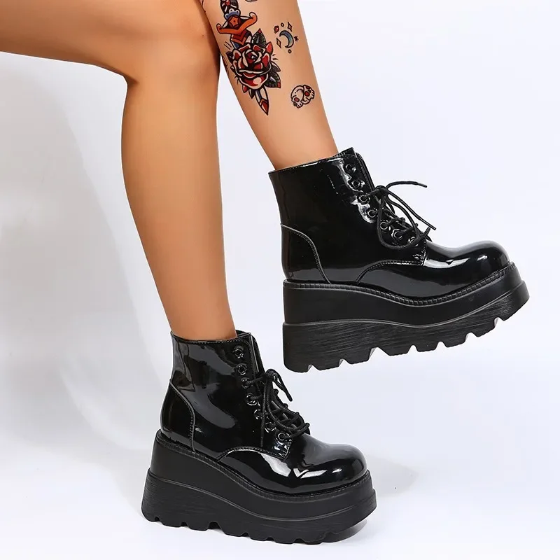 Frauen Stiefel High Top Dicke Sohle Winter Hang Ferse Lace Up Ankle Stiefel Frauen Schuhe Helle Schwarz Licht Bling Schwarz Chaussure Femme