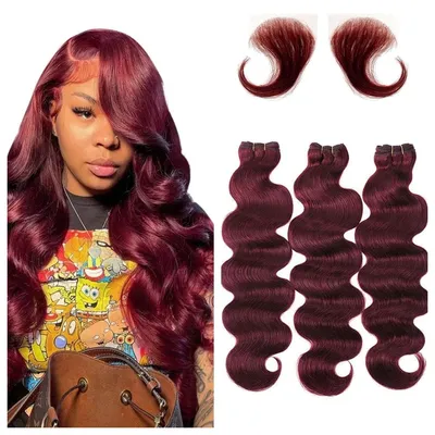 99J Burgundy Human Hair 3 Bundles Body Wave 99J Burgundy Pre Plucked 3 Bundle with Frontal with Baby