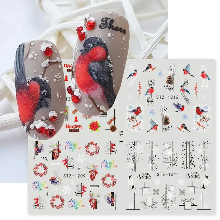 4 Stück Wasseraufkleber Nagelaufkleber für Weihnachten Elster Vogel Pinguin Schneemann Schneeflocken Neujahr Nail Art Sliders Dekoration Image