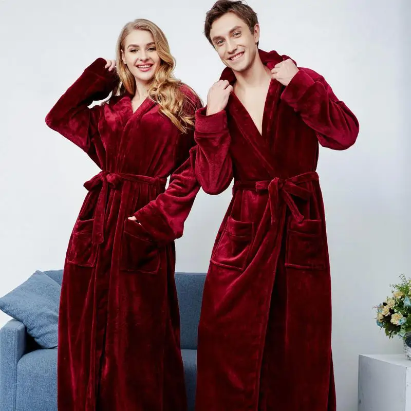 Paar Herbst Winter Lange Robe Nachtwäsche Dicken Flanell Mit Kapuze Bademantel Nachthemd Warme Korallen Fleece Nachthemd Plus Größe Homewear Image