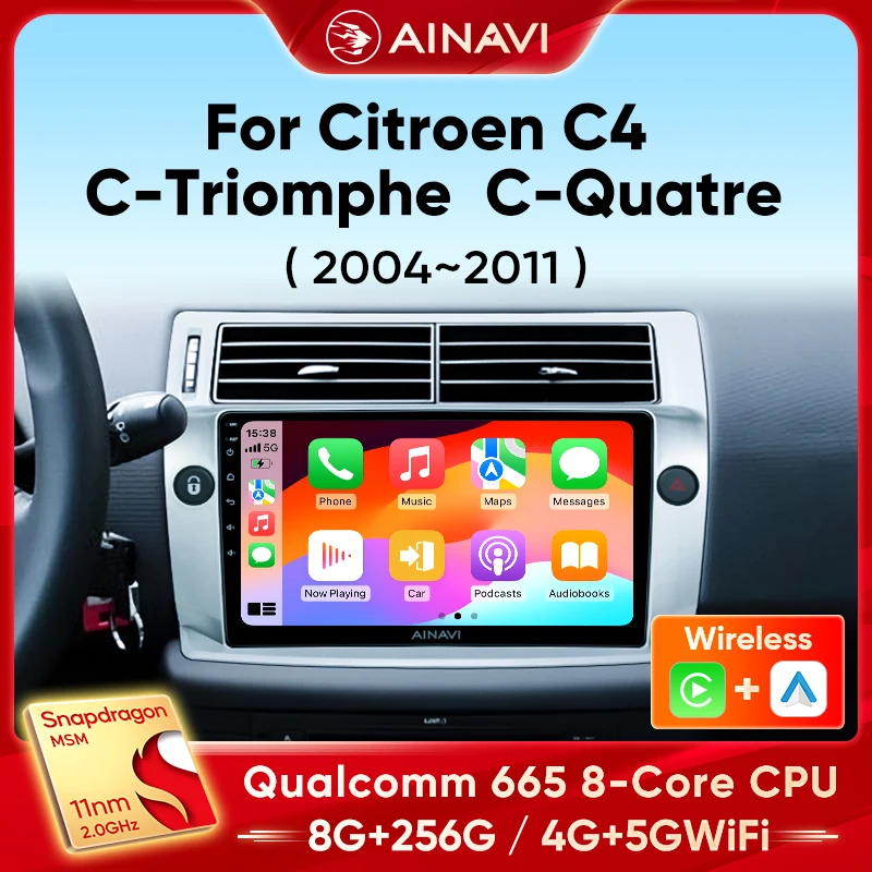 Ainavi Autoradio für Citroen C4 C-Triomphe C-Quatre 2004 2005 2006 2007 2008 2009, kabelloses Carplay Android Auto Multimedia 2 Din Image