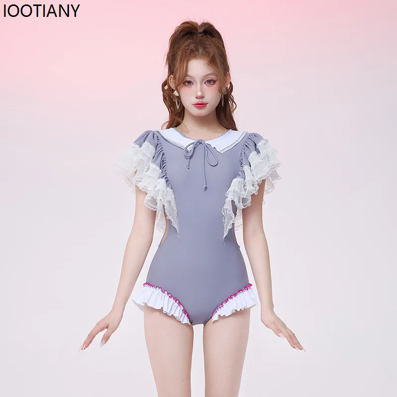 Neue gekräuselte High-End-Fairy-Stil einteiligen Badeanzug weiblichen Urlaub hohle Bade bekleidung Strand Badeanzüge lässig niedlichen Campus-Outfit Image