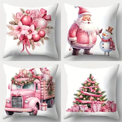4 pc Weihnachten werfen Kissen bezug rosa Serie mit Baum Auto Santa & Schneemann Designs einseitigen Image