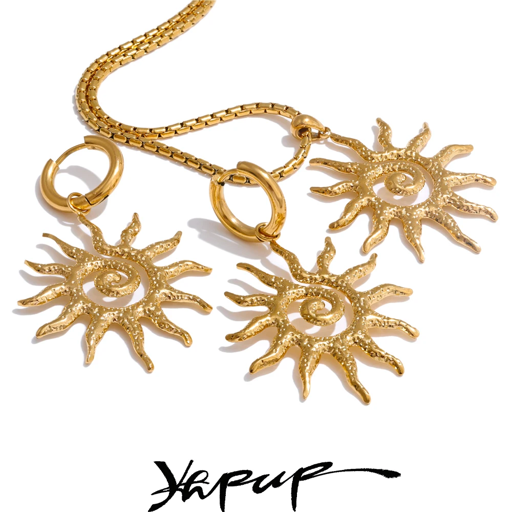 Yhpup Neue beliebte Edelstahl Sun Drop Halskette Creolen für Frauen Anlauffeständig Charm Schmuck Set Zubehör Geschenk Image