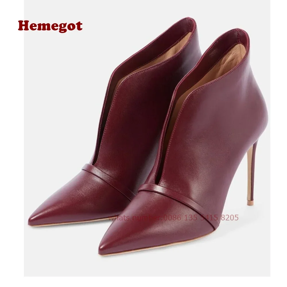 Burgunder V-Cut Stiefeletten spitze Zehen Stöckels chuhe Damen Beute Slip auf 2024 Winter Freizeit schuhe dünne hochhackige sexy Schuhe