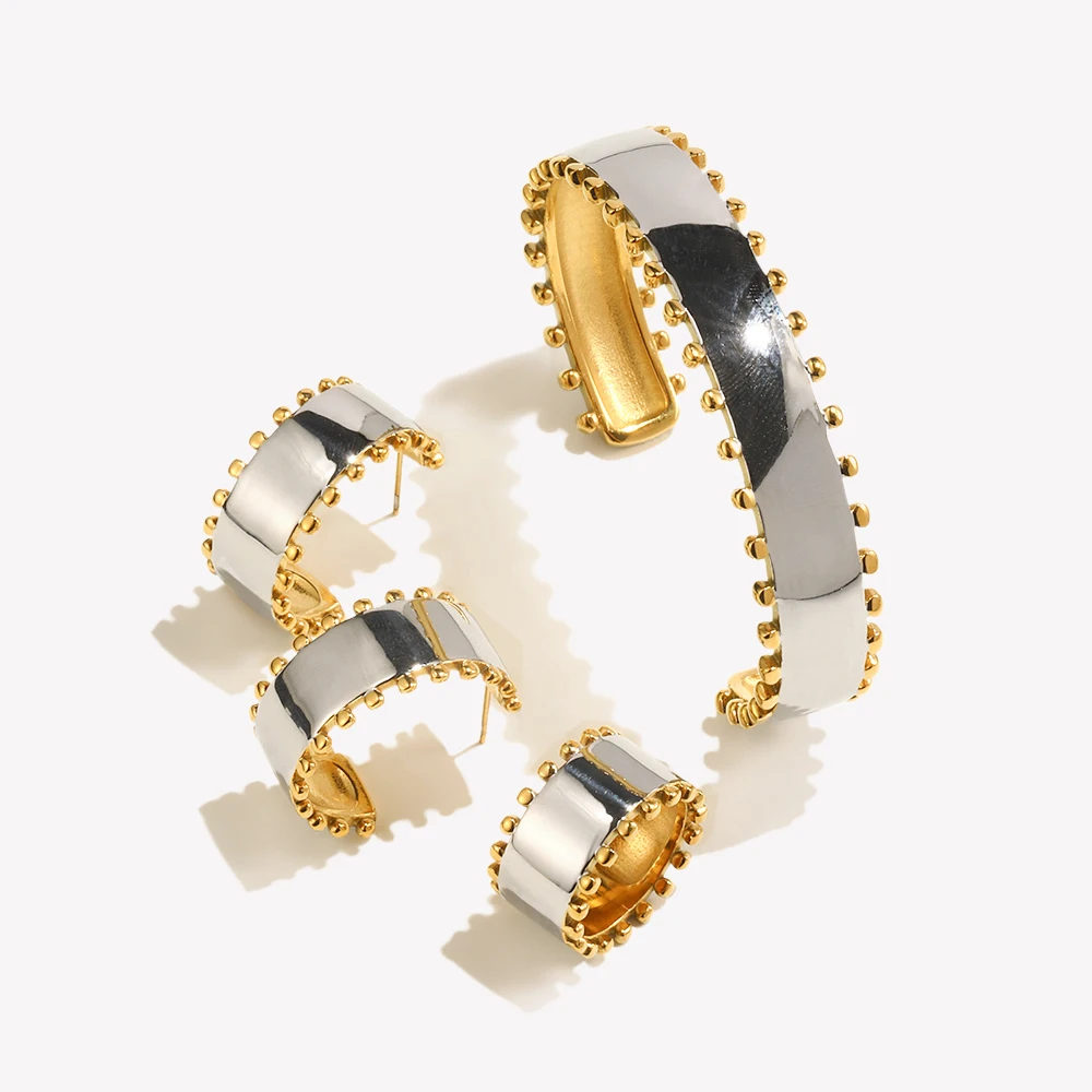 E.B.belle Doppelte Farbe Perlen Rand Glänzend Armband Ohrring Ring Damen Schmuckset Edelstahl 18 Karat vergoldet Wasserdicht