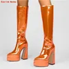 Orange Plateaus tiefel Damen Frühling Neuankömmling solide spitze Zehen klobige Ferse 34-45 plus Größe sexy Modenschau Party Schuhe