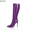 Ronticool Handgemachte Frauen Winter Knie Stiefel Faux Leder Stiletto Heels Spitz Lila Burgund Party Schuhe Plus UNS Größe 5-15