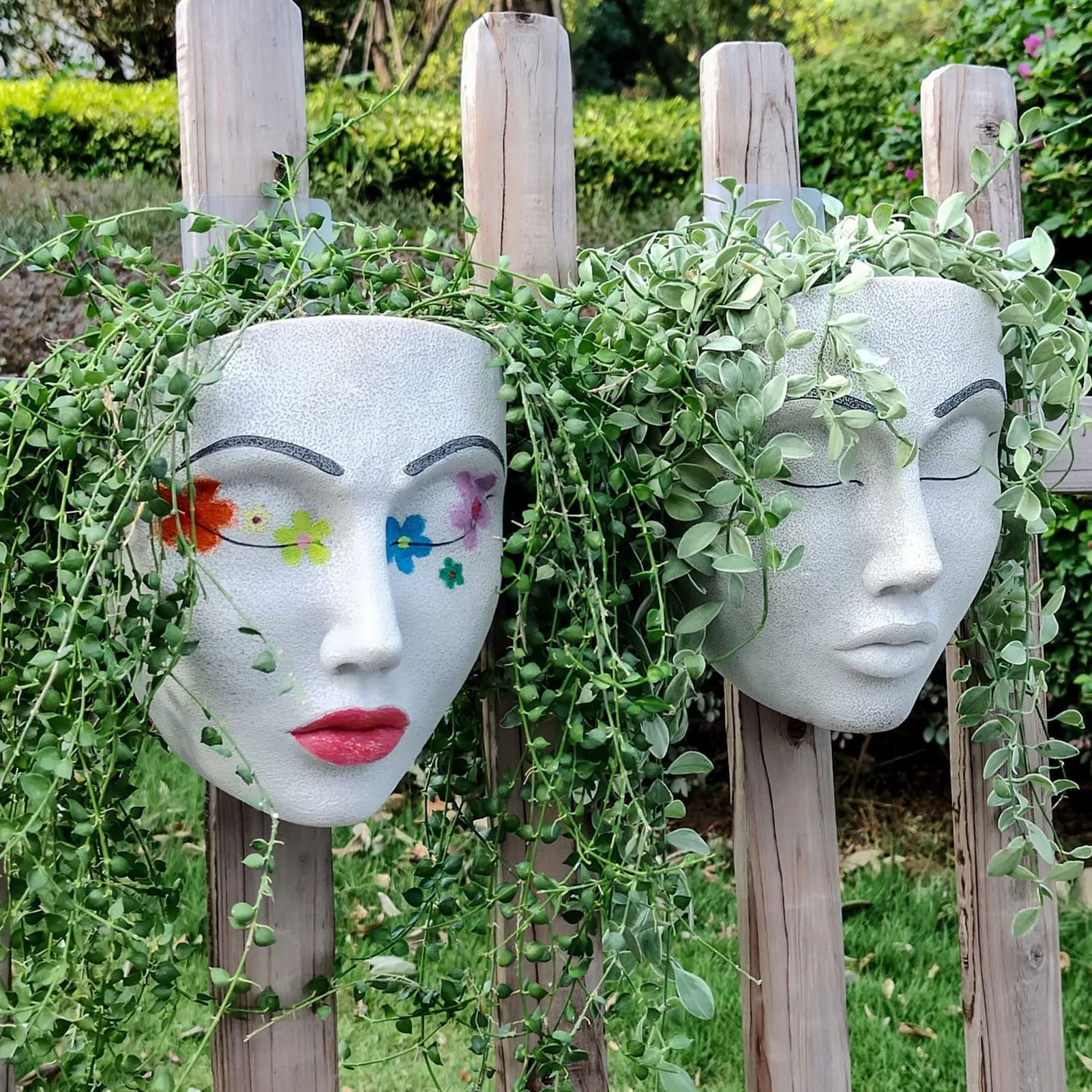 Kreative Gesicht Blumentopf Kopf Wand Pflanzer Wand Montiert Pflanzer Topf Mit Entwässerung Loch, Nette Pflanzen Vase Garten Pflanzer Topf Image