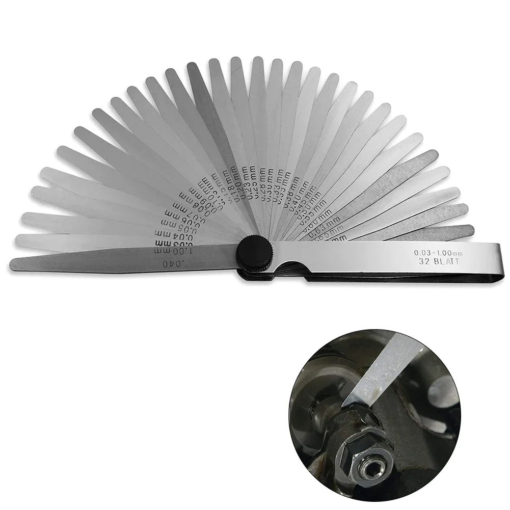 32-teiliges Fühlerlehre-Set aus Edelstahl, 0,001–0,04 Zoll, 0,03–1,00 mm, Fühlerlehre, Motorrad-Reifen-Reparatur-Werkzeug Image