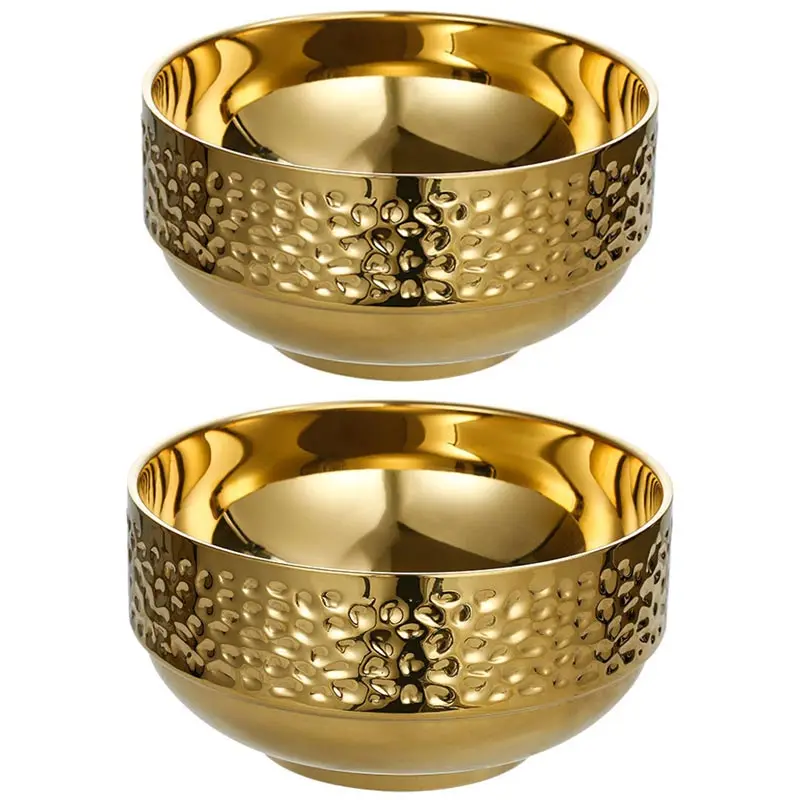 Household 304 Stainless Steel Rice Bowl,Golden Korean Style Soup Salad Bowl,Double-layer Hammer Patterned Bowl,Kimchi Bowl,15cm