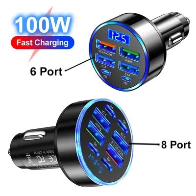 100W 6/8 Ports Car Charger Fast Charging PD QC3.0 USB C Car Phone Charger Type C Adapter in Car For iPhone Samsung Huawei Xiaomi