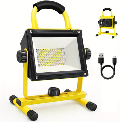 TEMU 60w 6500lm , Rechargeable Light With 4 Light , Portable Flood Light With Stand For Garage, Construction, Workshop And Lighting