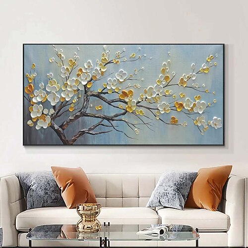 handgemaltes 3D-Blumenölgemälde auf Leinwand, weiße Kirschblüte, große Wandkunst, Palettenmessermalerei, strukturiertes Acrylgemälde, handgemachte Kunst, kein Rahmen Image