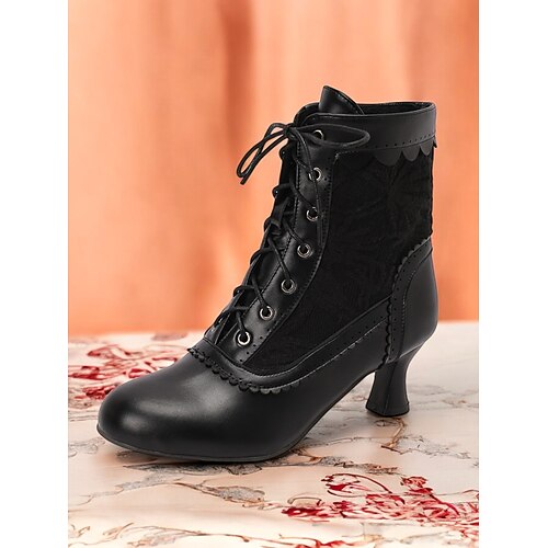 braune viktorianische Stiefeletten zum Schnüren für Damen mit Spitzendesign und kleinem Absatz – Vintage-Stil für Cosplay oder den Alltag Image