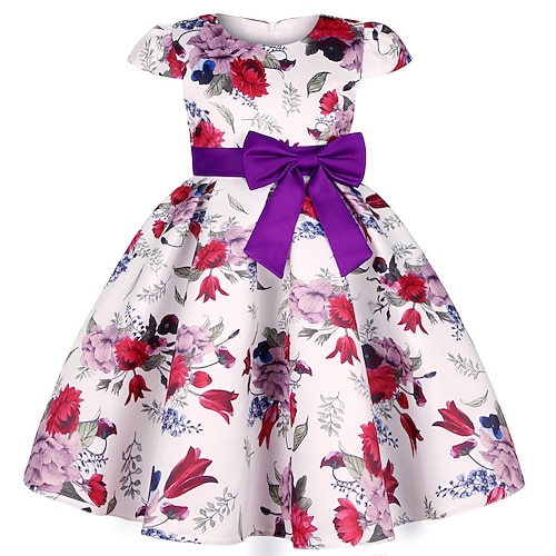 kinderkleidung Mädchen Kleid Party Kleid Blume Kurzarm Leistung Taufkleid Krawattenknoten Prinzessin Polyester Midi abendkleider Sommer Frühling 3-10 Jahre Weinrot Mehrfarbig Farbe blau Image