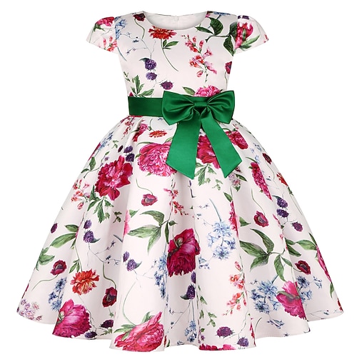 kinderkleidung Mädchen Kleid Party Kleid Blume Kurzarm Leistung Taufkleid Krawattenknoten Prinzessin Polyester Midi abendkleider Sommer Frühling 3-10 Jahre Weinrot Mehrfarbig Farbe blau Image