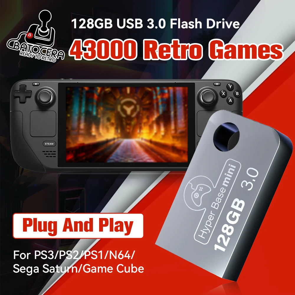 Batocera 128G Gaming Stick mit 43000+ Retro Games Plug&Play-Emulatoren für PS3/PS2/PS1/N64/NES/MAME für Steam Deck/PC/Laptop