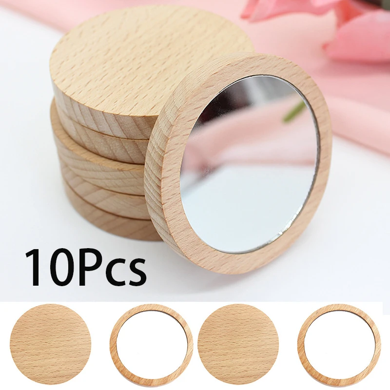10 Stück Mini-Make-up-Spiegel aus Holz, tragbarer kleiner runder Spiegel, Make-up-Spiegel für Studenten, Kosmetikspiegel für Damen