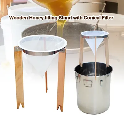Honigfilterständer aus Holz mit konischem Filter, Bienenzucht, Honigverarbeitung, Honigsieb, Filter, Image