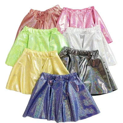 Kinder Mädchen Glänzender Rock Metallic Ausgestelltes Plissee Mini Dance Glänzender Hochelastischer Rock Hip Hop Kostüme für Kinder Tanzbühne Image