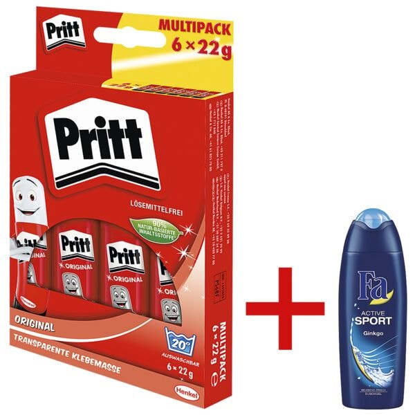 Pritt 6er-Pack Klebestifte »Stick« inkl. Duschgel »Fa - Active Sport«