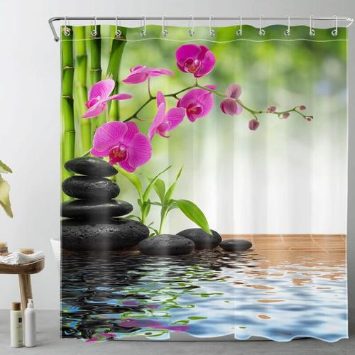 Grün Bamboo Leaves Orchid Duschvorhang Polyester Wasserdicht Badvorhang - 90x180cm