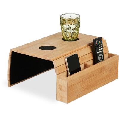 Sofatablett Armlehne, Bambus, hbt: 5,5 x 50 x 33,5 cm, Sofaablage mit Untersetzern, 2 Fächer, Image