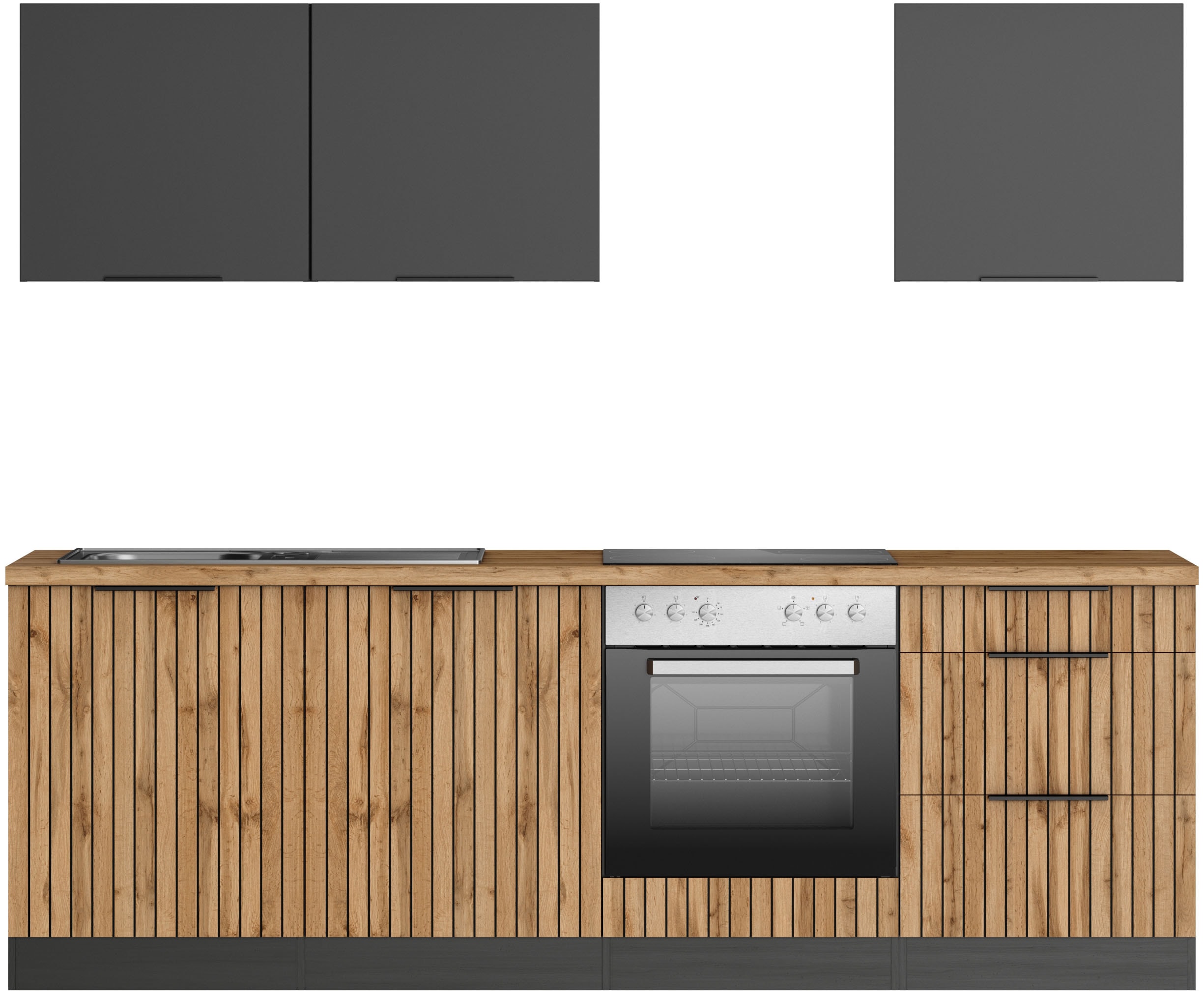 Küchenzeile KOCHSTATION "KS-Lagos2, Breite 240 cm", grau (küche: grau, front: listrado eiche, matt grau, korpus: grau matt, arbeitsplatte: wotaneichefarben), B:240cm H:200cm T:60cm, Komplettküchen-Sets, Küchenzeile, wahlweise mit E-Geräten, mit 38mm...