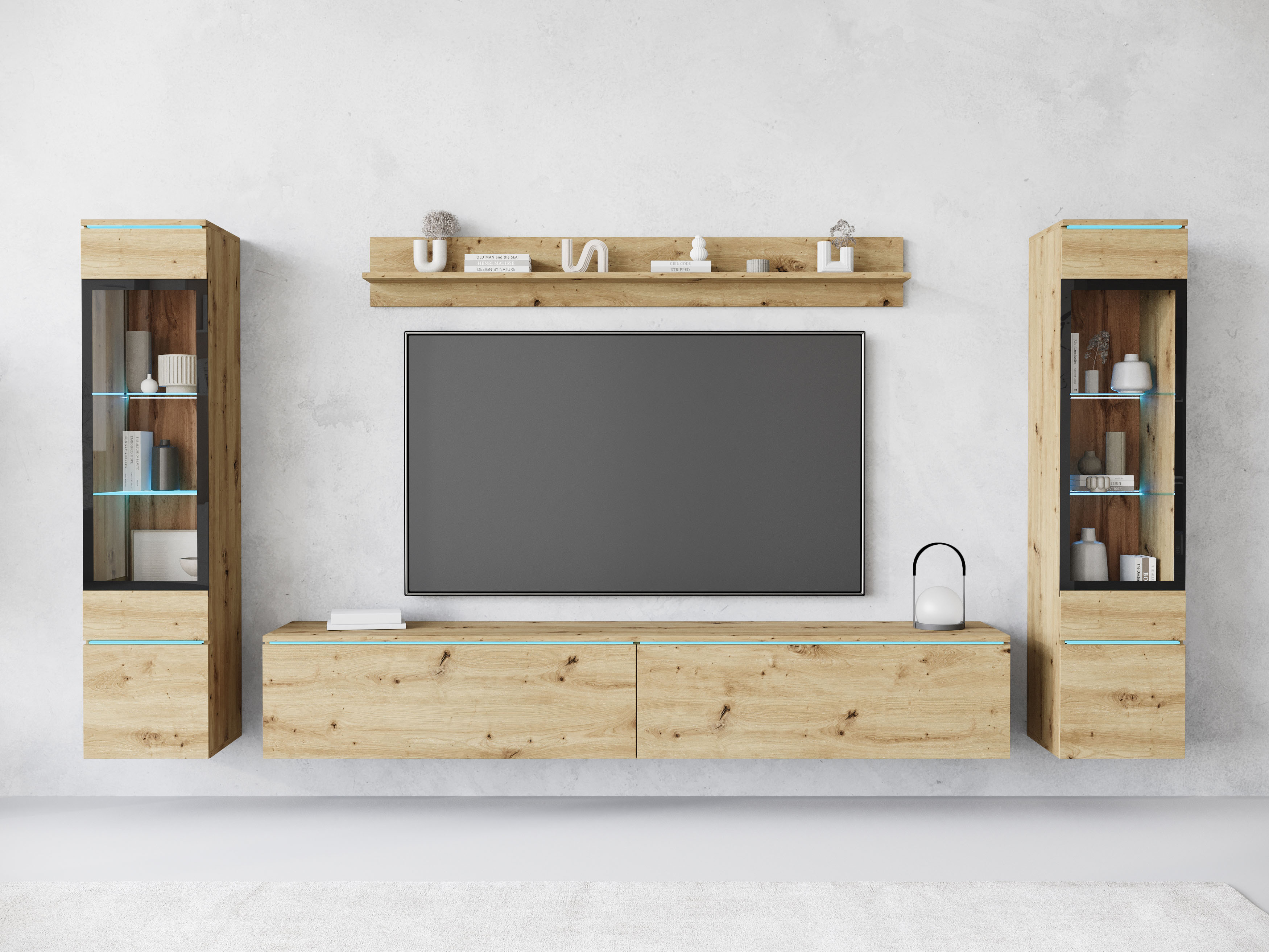 Wohnwand INOSIGN "VERA II", braun (eichefarben artisan), B:260cm H:130cm T:33cm, Kastenmöbel-Sets, Mediawand 260 cm, Vitrine mit Verglasung, stehend und hängend, Topseller