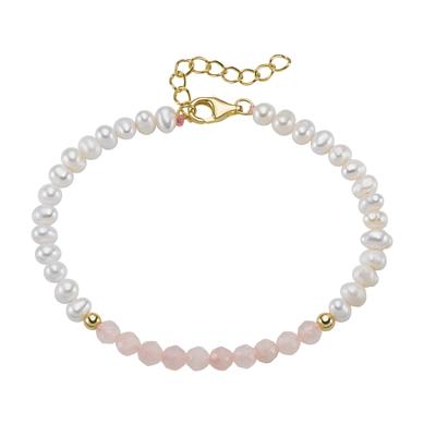 Armband SMART JEWEL "mit Süßwasser-Perlen und Rosenquarz-Kugeln, Silber 925", rosa, Armbänder, Damen, 19cm, Silber 925 (