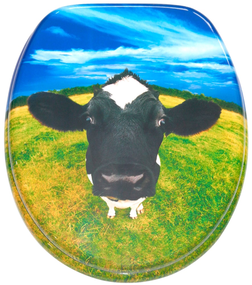 WC-Sitz SANILO "Kuh", bunt (schwarz, grün, blau), B:37,7cm L:47cm, MDF - Mitteldichte Holzfaserplatte, WC-Sitze, mit Absenkautomatik