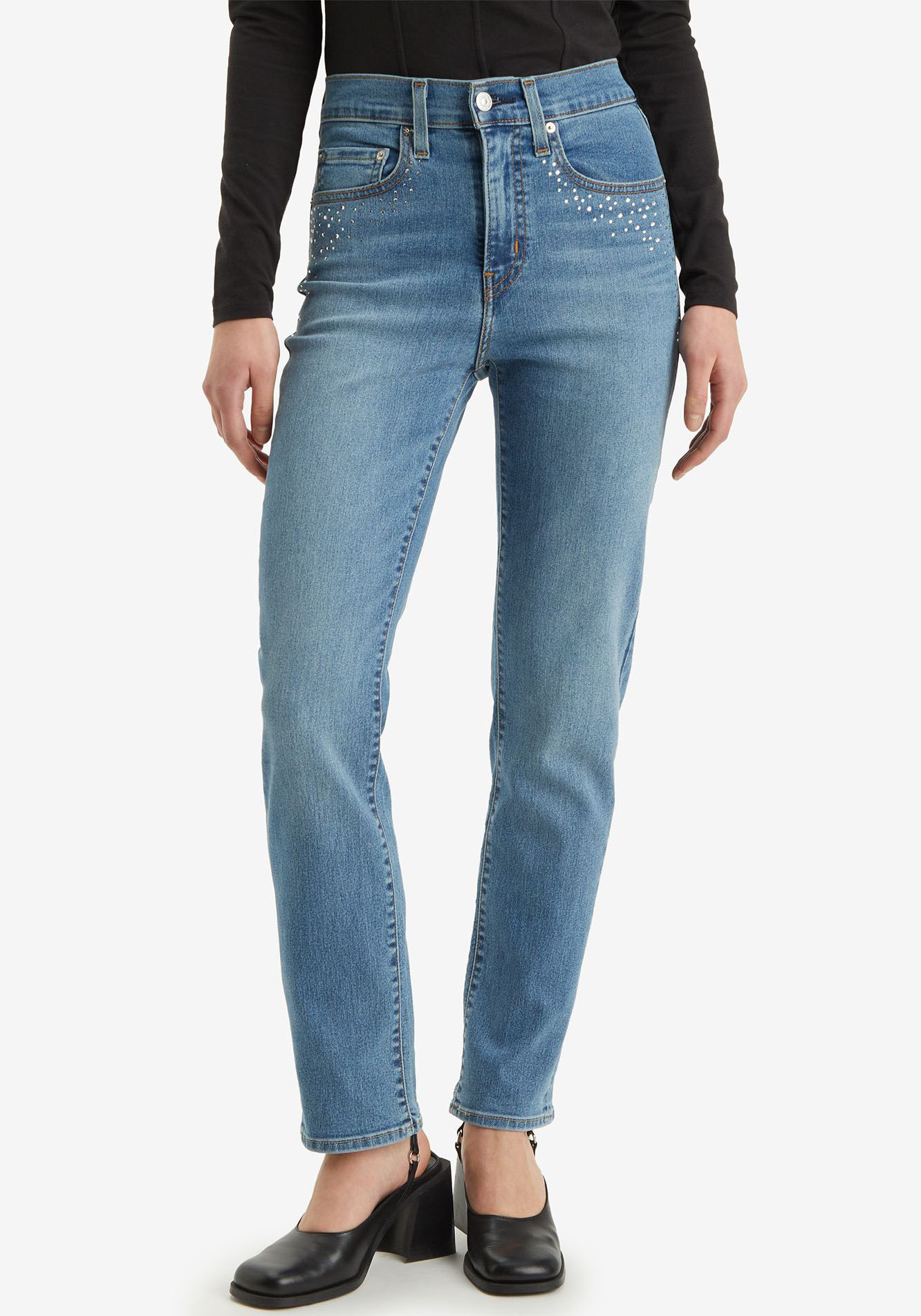 Straight-Jeans LEVI'S "724 HIGH RISE STRAIGHT", Damen, Gr. 28, Länge 30, blau (camp denim rhinestone), Denim/Jeans, Obermaterial: 80% Baumwolle, 19% Polyester, 1% Elasthan, straight fit lang, Jeans, CAMP DENIM RHINESTONE Image