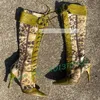 Grün Leopard Spleißen Kniehohe Stiefel Sexy Damen Kreuz Gebunden Punkt Zehe High Heels Stiefel Frauen Metall Schnalle Dekor Große Größe Schuhe