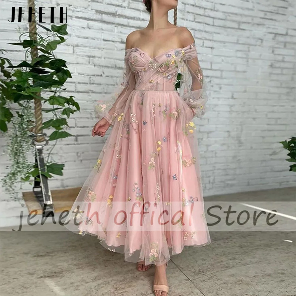 JEHETH Elegante Blume Rosa Prom Kleid Charming A-linie Pageant Schatz Illusion Langarm Off Schulter Abendkleider Frauen elegante blumen rosa abendkleid charmante a-kleider, schöne süße illusion,