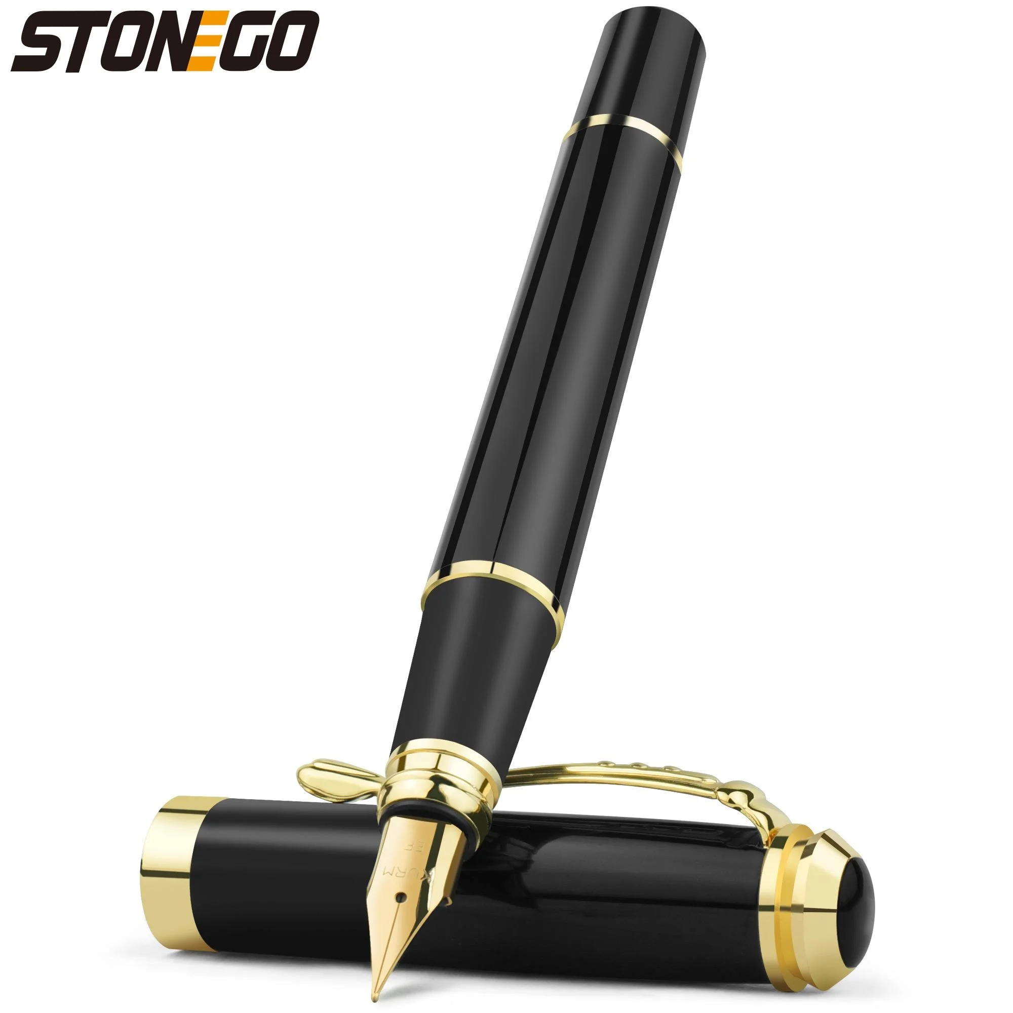 STONEGO Füllfederhalter mit 0,38 mm ultrafeiner Spitze, schwarzer metallischer Kalligraphie-Geschenkstift mit Tintennachfüllkonverter, Executive-Stift Image