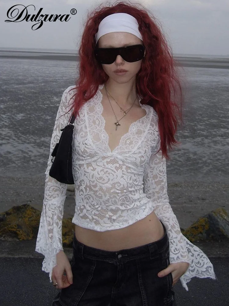 Dulzura V-Neck Long Slit Flare Sleeves Lace T-Shirt See Through Sexy Crop Top Party Clubwear Autumn Winter Y2K