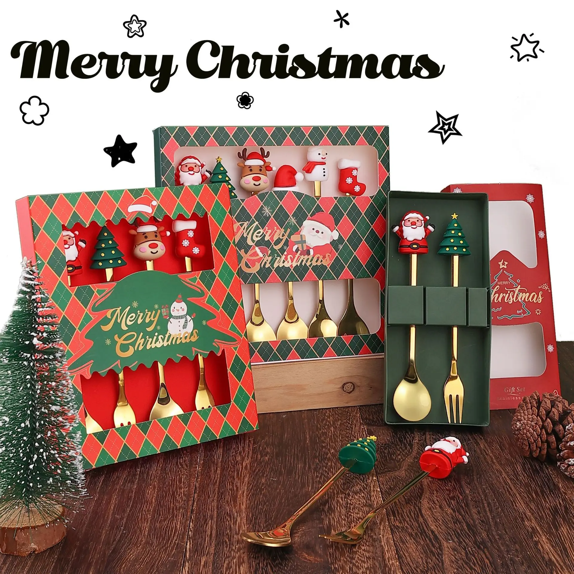 2/4/6 Stück Weihnachts gabel Löffel Set Edelstahl Kaffee Tee Dessert Gabel Löffel Geschenkset kreatives Geschirr Weihnachts geschenk Image