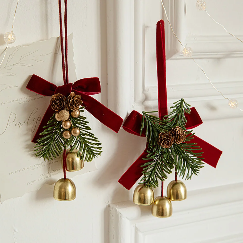 1 stücke Weihnachten Anhänger Rot Samt Bogen Gold Kleine Glocke Weihnachten Baum Hängen Ornament Weihnachten Hause Tür Hängende Dekoration neue Jahr Image