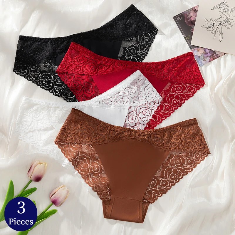 Bzel 3 teile/satz Damen Höschen sexy Spitze Slips aushöhlen atmungsaktive weibliche Unterwäsche weiche Dessous bequeme Satin Unterhose Image