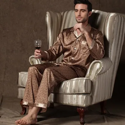 Herren Fleck Seide Pyjama setzt Pyjamas Männer Nachtwäsche gedruckt Seide Nachthemd nach Hause männlich Satin weichen gemütlichen Schlaf pyjamas Image