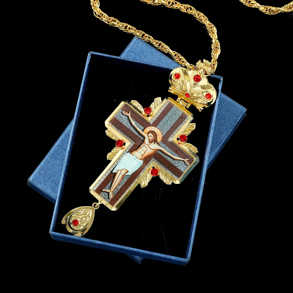 Mode Gold Farbe Brust Kreuz Orthodoxe Anhänger Kette Russische Griechenland Religiöse Ikone Byzantinische Kunst Jesus Abzeichen Kreuz Halskette Image