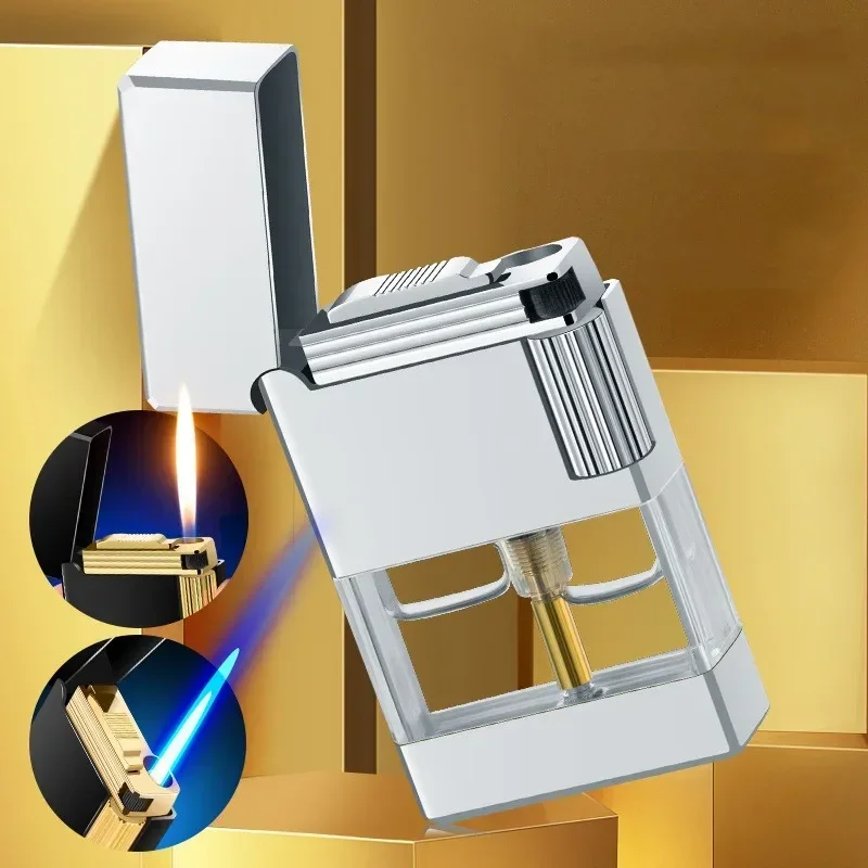 Heißer Verkauf Dual Flames Transparent Körper Metall Schleifen Rad Feuerzeug Mini Butan Gas Winddicht Taschenlampe Feuerzeug Geschenk Ungewöhnliche Feuerzeug Image