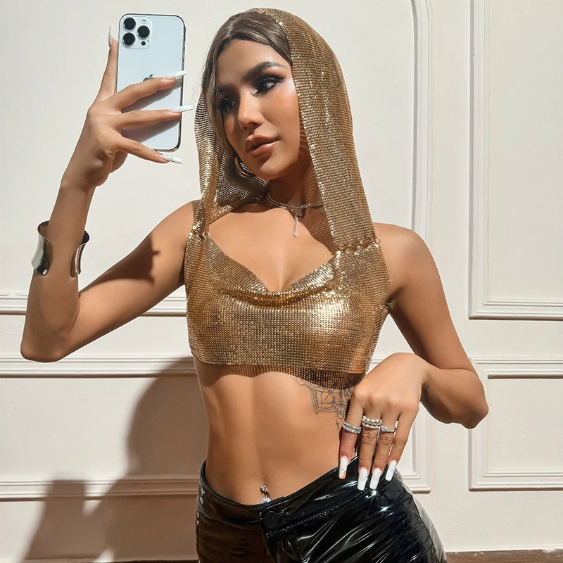 Y2k Streetwear Metall Pailletten Frauen Tank Top Punk Goth Hip Hop Bandana Kopf Wraps Weste Rave Festival Frauen Tops T-Shirt für Nachtclub