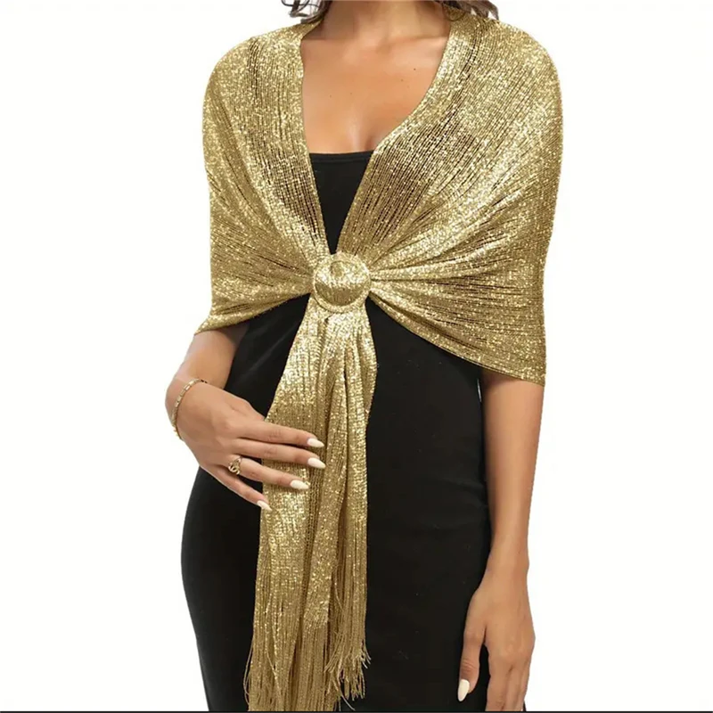 Funkelnder metallischer Schal mit Schnalle, Damen-Abend-Party-Schal, Gold-Silber, glänzende Tücher für Braut, Brautjungfer, Hochzeit, Wraps Image