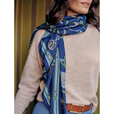 J.McLaughlin Women's Sarita Scarf in Fairfax Crest Corner Navy/Green/Blue | Cashmere/Silk