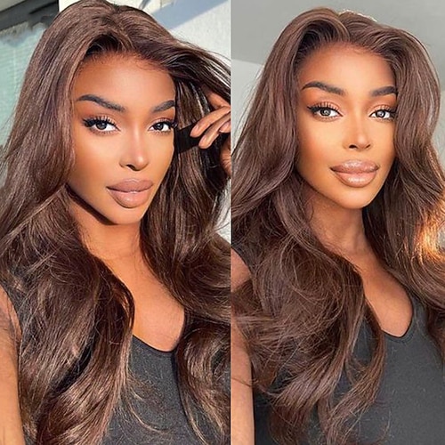Echthaar 13x6 Verschluss 13x4 Spitzenfront Perücke Freier Teil Brasilianisches Haar Große Wellen Glatt Hellbraun Perücke 130% 150% 180% Haardichte mit Babyhaar 100% Jungfrau Leimlos Vorgerupft Für Image