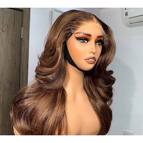 Echthaar 13x6 Verschluss 13x4 Spitzenfront Perücke Freier Teil Brasilianisches Haar Große Wellen Glatt Hellbraun Perücke 130% 150% 180% Haardichte mit Babyhaar 100% Jungfrau Leimlos Vorgerupft Für Image