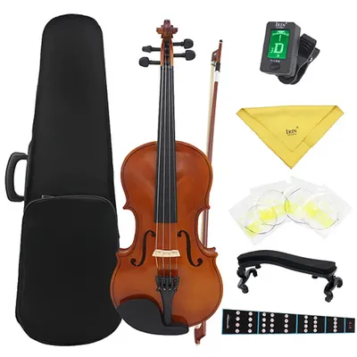 Violin 4/4 Full Size Kit with Case Bow Extra Strings Rosin Tuner 4/4 Full Size Solid Wood Violin Set