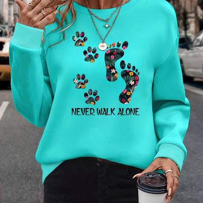 "TEMU Women's Turquoise Geometric Paw Print Fleece Sweatshirt - Long Sleeve Round Neck Pullover With "" Motivational Design, Machine Washable Casual Top For All , Apparel, Soft Texture Clothing" Image